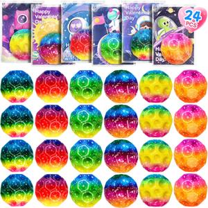 24 Pcs Valentine’s Day Gift Moon Bouncy Balls Bulk with Cards Multicolored Stress Space Balls Party Favors School Classroom Exchanges Goodie Bags Outdoor Sport Toys for Toddlers Boys Girls Kids Teens