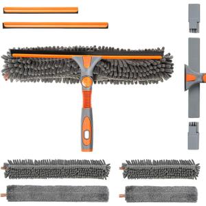 Eazer Window Squeegee and Scrubber Combo Tool Attachment Kit, Window Washing Equipment with 10.5/14-Inch Adjustable Head and Rubber Squeegee, Chenille and Microfiber Cloth - Pole Not Included