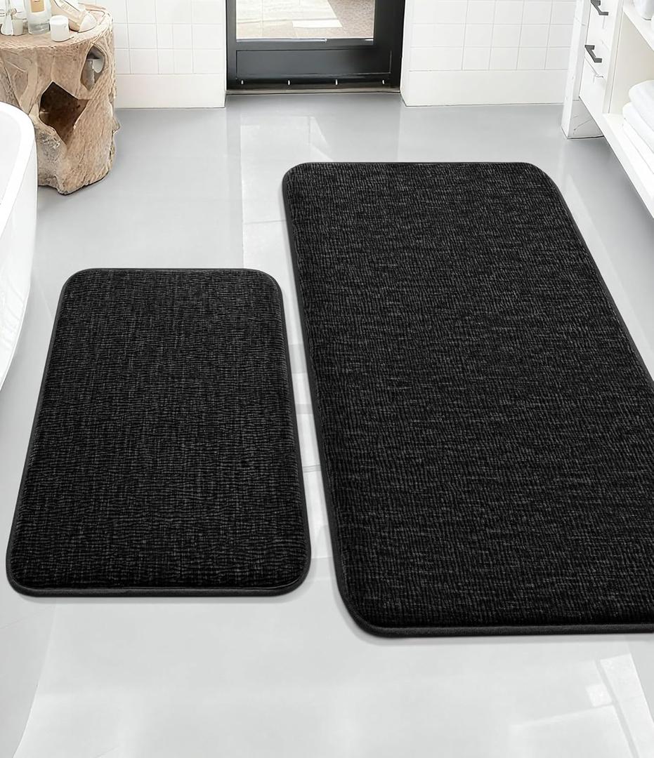 YIHOUSE Bathroom Rug Set 2 Piece, Memory Foam Black Bath Mat Set Non-Slip Quick Dry Bath Mats for Bathroom, Super Absorbent Washable Bath Rug for Bathroom Floor Sink Tub and Shower