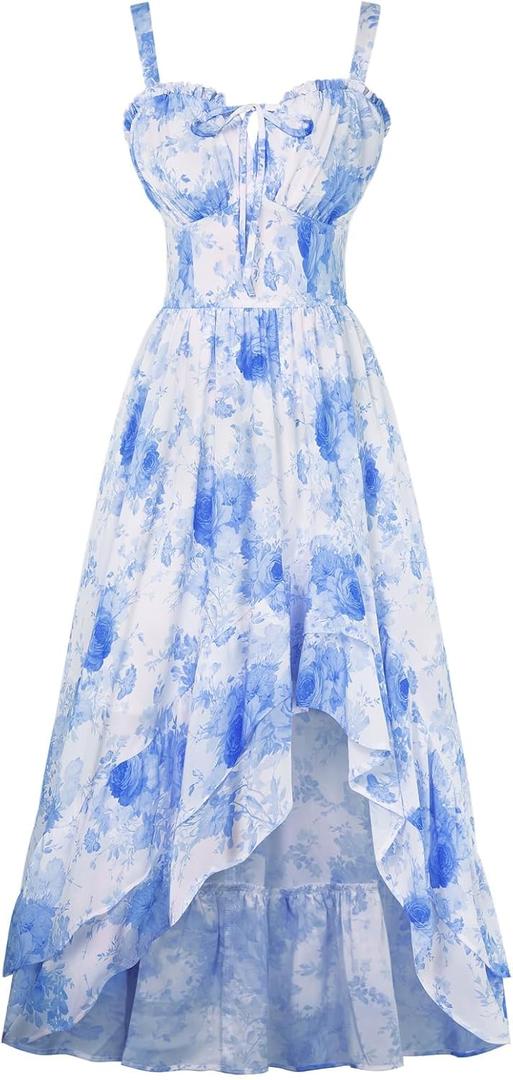 Scarlet Darkness Summer Dresses for Women 2026 Floral Corset Wedding Guest Dress Ruffle Maxi Dress with Pockets (Large, White Blue Floral)