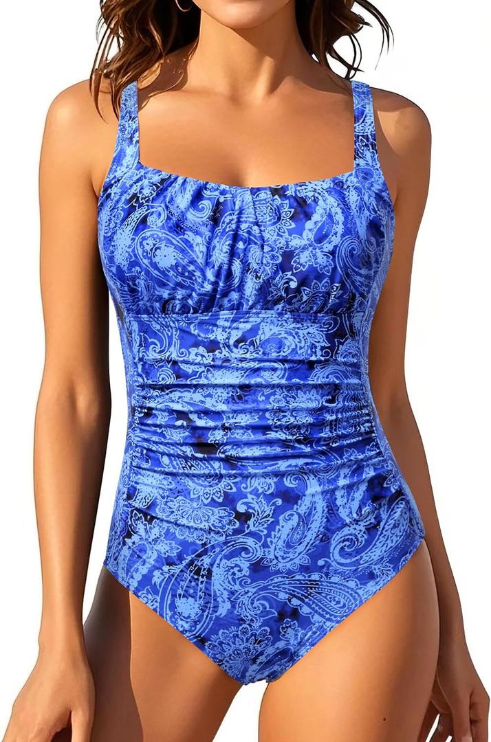 Aqua Eve One Piece Bathing Suit for Women Tummy Control Swimsuit Slimming Vintage Swimwear (X-Large, Blue Paisley 02)