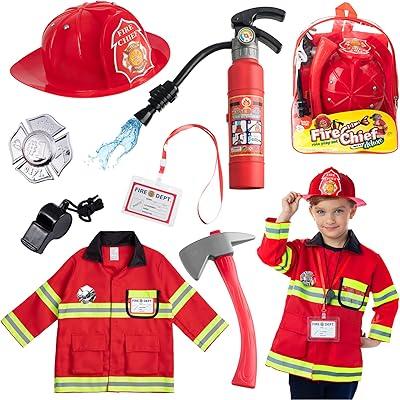 Fireman Gear Firefighter Costume Role Play Career Dress Up Starter Toy Accessories Pretend Play Set with Helmet, Tools for Kids, Toddlers