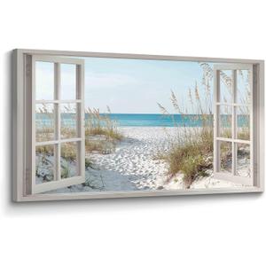 Beach Window Wall Art Canvas: Relaxing Bedroom Living Room Blue Ocean Coastal Scene Picture Modern Tropical Sea Landscape Painting Print Decor Horizontal Summer Seascape Artwork for Home