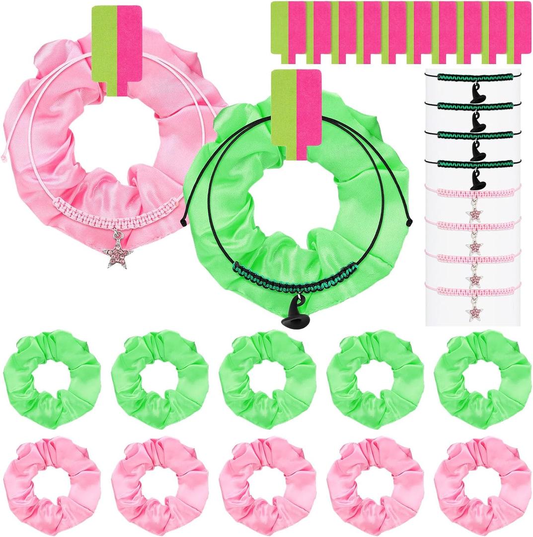 40 Pcs Halloween Witch Princess Party Supplies Pink and Green Hair Scrunchies Braided Friendship Bracelet Star Witch Hat Matching Bracelet Hair Accessories for Women Theme Birthday Gift
