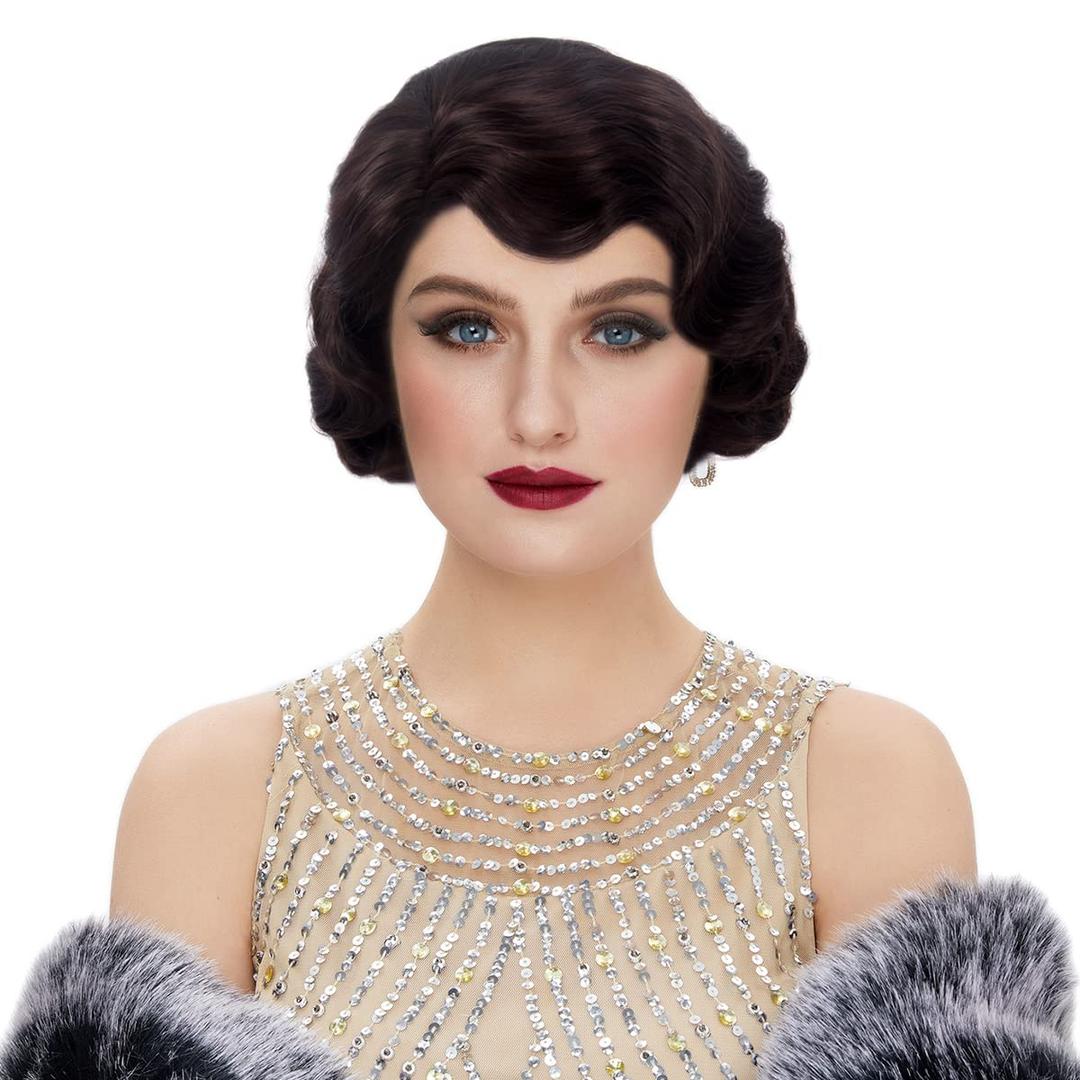 STfantasy 20S Finger Wave Wig Flapper Curly Synthetic Hair for Women 1920s Cosplay Costume Halloween Party Daily Everyday Wear (Dark Brown)