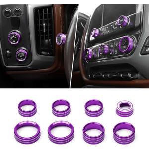 for Silverado Center Console Knob Cover Trim Ring Purple for Chevy Silverado/Suburban/GMC Sierra 2014-2018 Purple Interior Accessories 8pcs