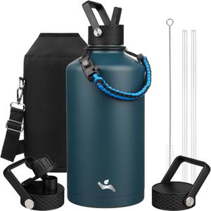 Gallon Insulated Water Bottle with Straw,128 oz 3 Lids Water Jug with Carrying Bag,Paracord Handle, Double Wall Vacuum Stainless Steel Metal Flask,Navy Blue Gallon Insulated Water Bottle with Straw,128 oz 3 Lids Water Jug with Carrying Bag,Paracord Handle, Double Wall Vacuum Stainless Steel Metal Flask,Navy Blue