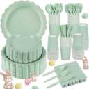 350 Pcs Sage Green Paper Plates and Napkins, Sage Green Party Supplies Include Green Scalloped Plate Paper Napkin Cup Plastic Cutlery for Baby Shower, Wedding, Birthday