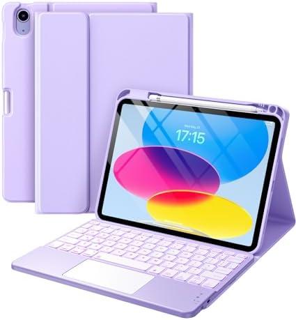 Harvopu Compatible for iPad 11th 10th Generation Case with Keyboard, Folio Cover with Pencil Holder, Multi-Touch Trackpad, 7 Color Backlit, Detachable Keyboard for iPad (A16) 11th/10th Gen (Purple)