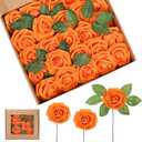Syhood Artificial Foam Rose Flowers Vintage Fake Roses DIY Bouquets with Leaves and Stems for Wedding Bridal Shower Party Centerpieces Home Romantic Decor(Orange,50 Pieces)