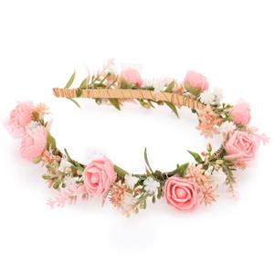 Women's Pink Flower Headband - Girl Flower Headpiece Romantic Bohemian Lace Foam Headband for Wedding Decoration Party Birthday Dance Headwear Maternity Shoot Props