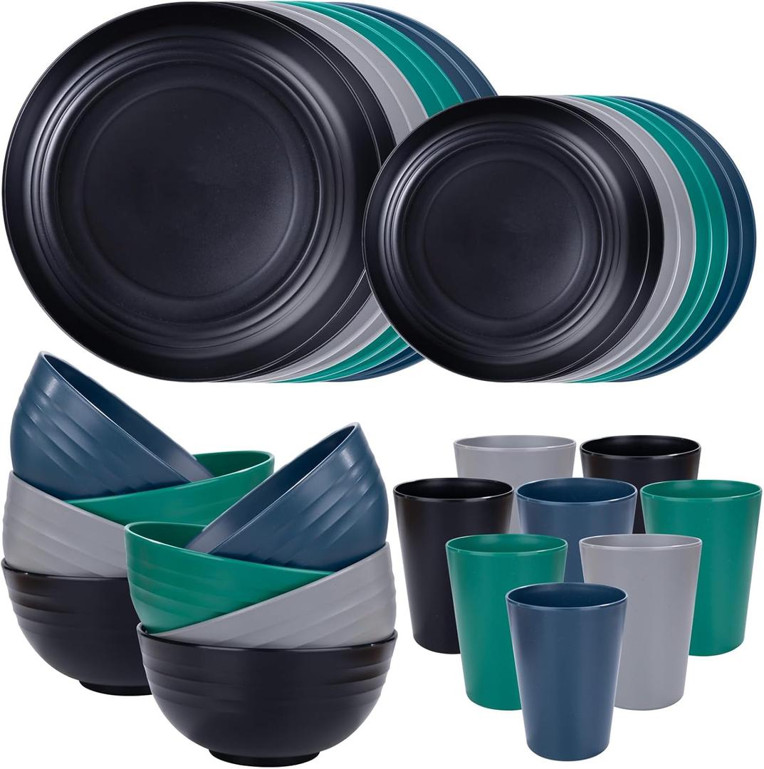 Supernal 32pcs Wheat Straw Dinnerware Sets,Plastic Plates and Bowls Sets for 8,Unbreakable Plates and Bowls Sets Dishwasher Safe Microwave Safe Fun Colors Perfect for Cooking Family Camping Picnics (Blue/Green/Grey/Black)