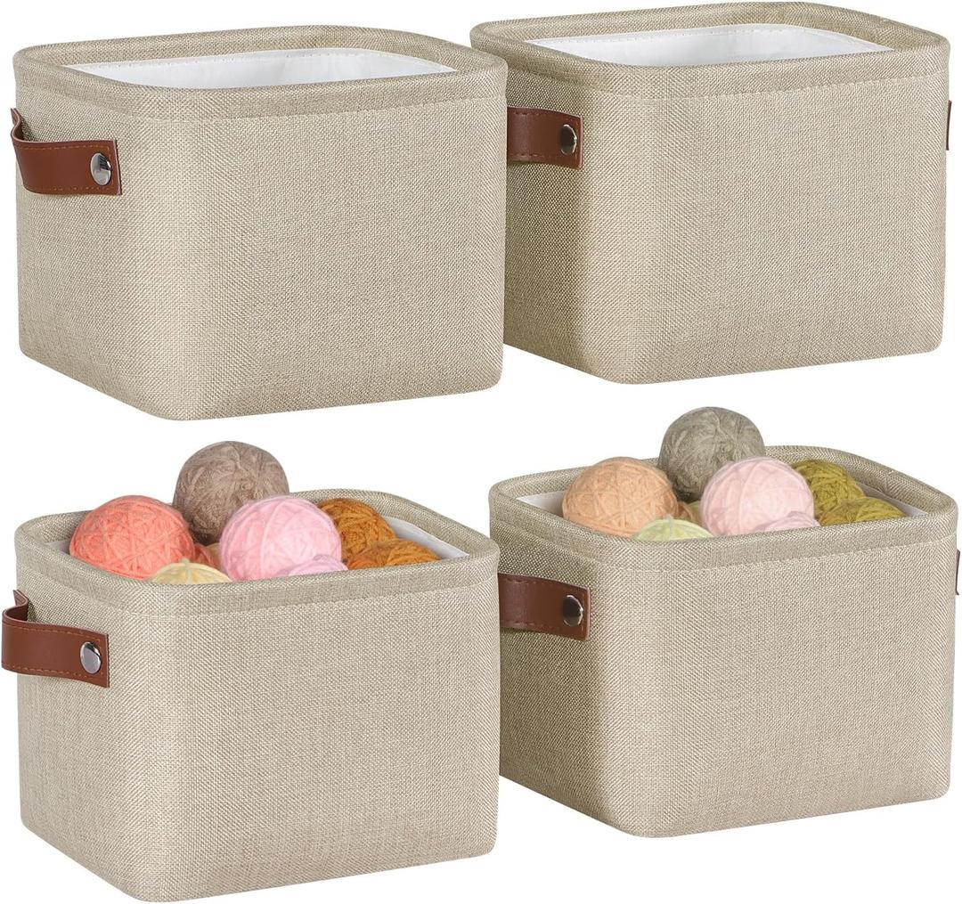 Kntiwiwo Small Fabric Storage Bins, 7.8x6.7x5.9 inch Mini Storage Cubes 4-Pack Storage Basket for Makeup Collapsible Fabric Storage Organizer with Handles, Decorative Basket for Desk, Shelves, Brown