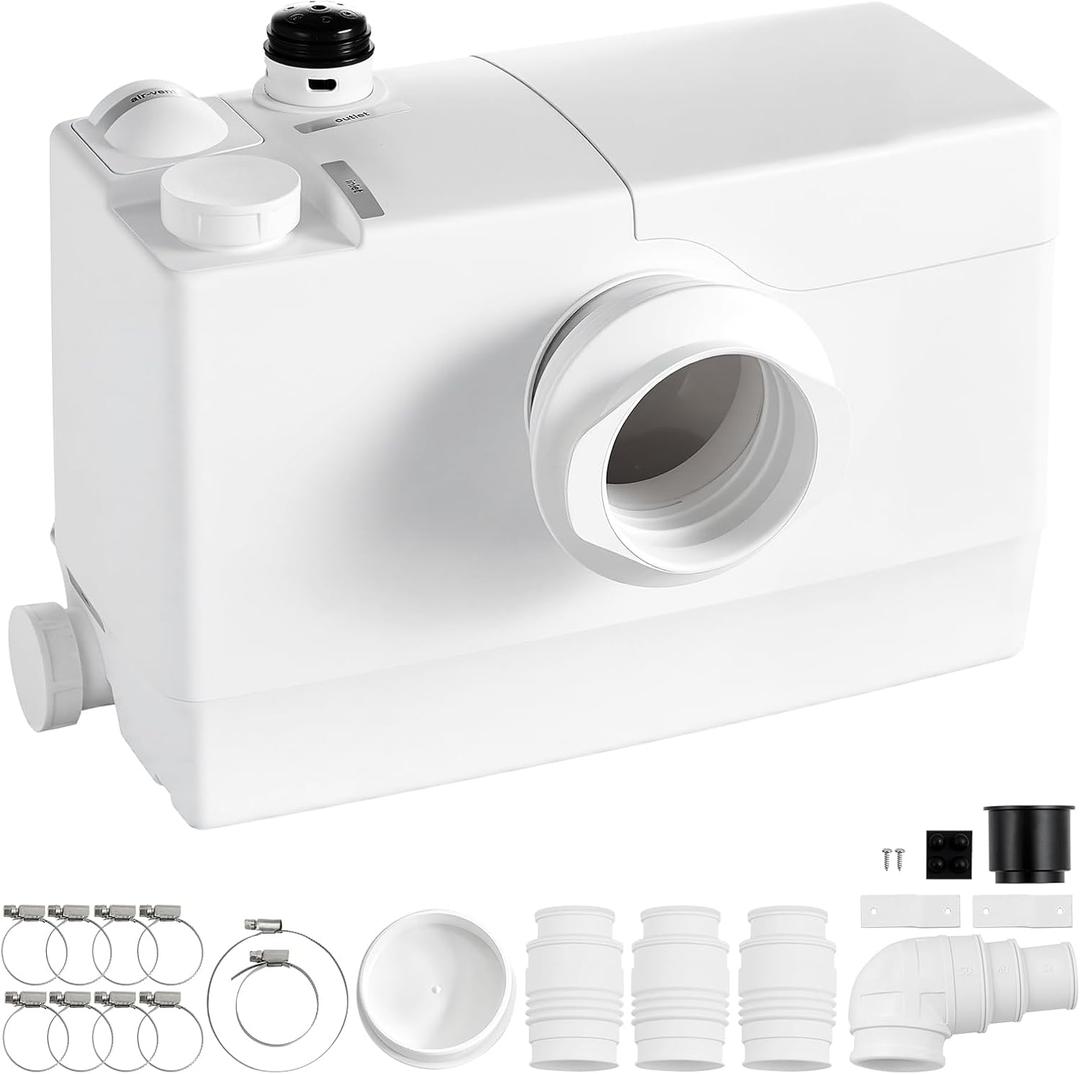 VEVOR Macerator Pump 800W 12000L/h Flow 32.8 ft/10 m Head Sewage Pump, Waste Water Disposal Upflush Machine with 4 Inlets, Macerating Toilet Sewerage, for Basement, Toilet, Sink, Laundry, Kitchen