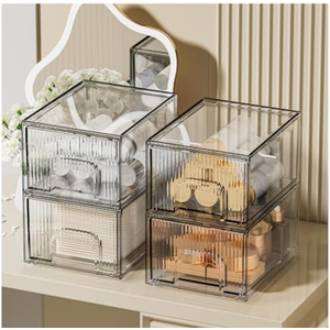 COMVTUPY 4 Pack Striped Stackable Acrylic Makeup Drawers Organizer, Clear Acrylic Cosmetic Storage Makeup Organizer Box with Drawers for Skincare Vanity Bathroom Pantry Organization Stackable