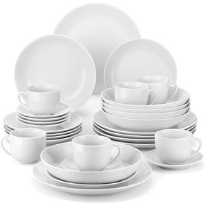 MALACASA 30-Piece Gourmet Porcelain Dinnerware Sets, Modern White Round Dish Set for 6 - Premium Serving Plates and Bowls Sets for Dessert, Salad, Soup, Pasta - Series AMELIA