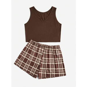 SOLY HUX Women's Pajama Sets 2 Piece Lounge Sets Button Tank Top and Plaid Shorts Sleepwear Brown Plaid Large