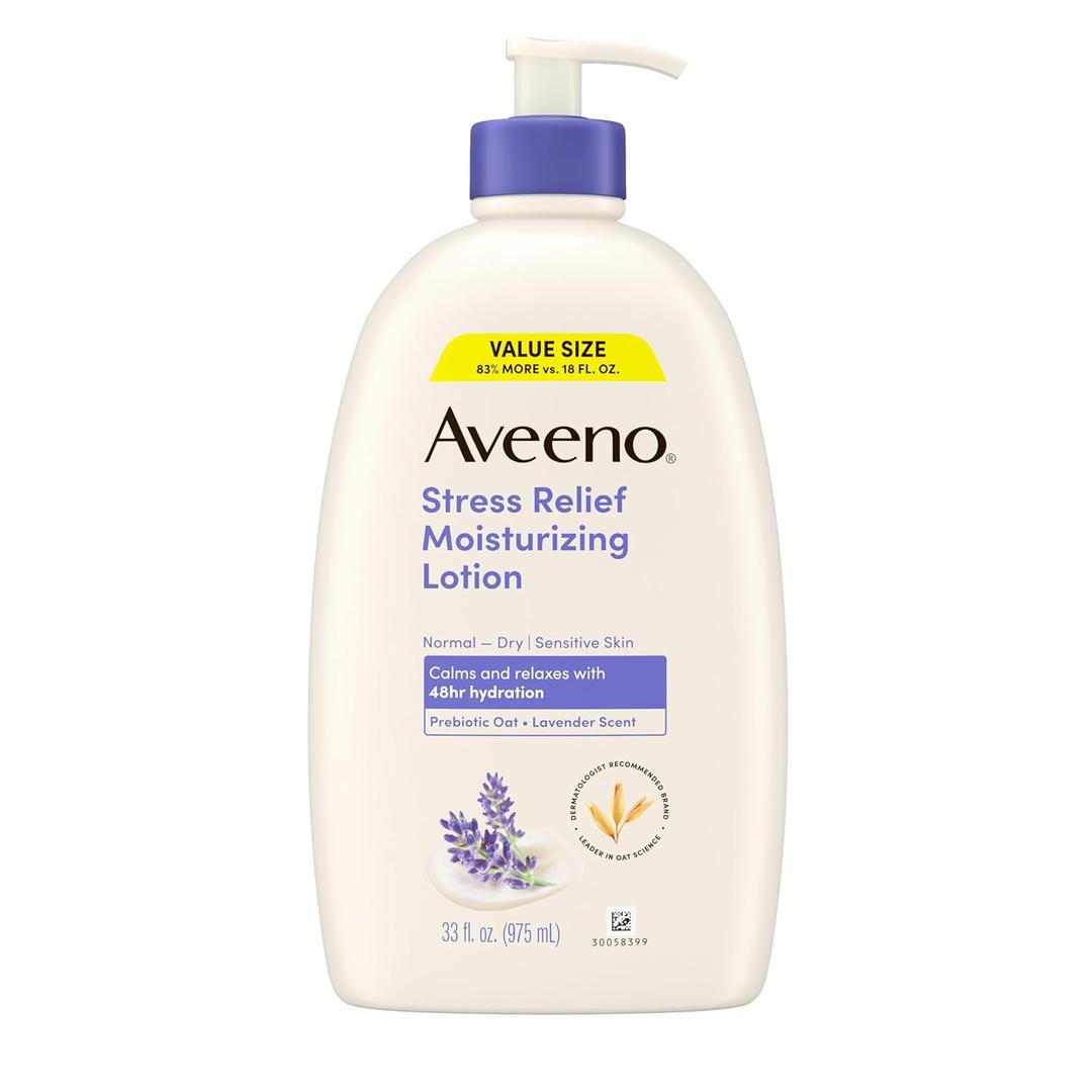 Aveeno Stress Relief Moisturizing Body Lotion with Prebiotic Oat & Lavender Scent for Sensitive Skin, Calms & Relaxes with 48 Hour Hydration, Fast Absorbing & NonGreasy, 33 fl. oz