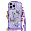 Yzniyzce Crossbody Case for iPhone  with Detachable Lanyard, Hands-Free Bling Glitter Silicone Clear Cute Butterfly Curly Wave Woman Girls Cover with Adjustable Necklace Rope, Purple