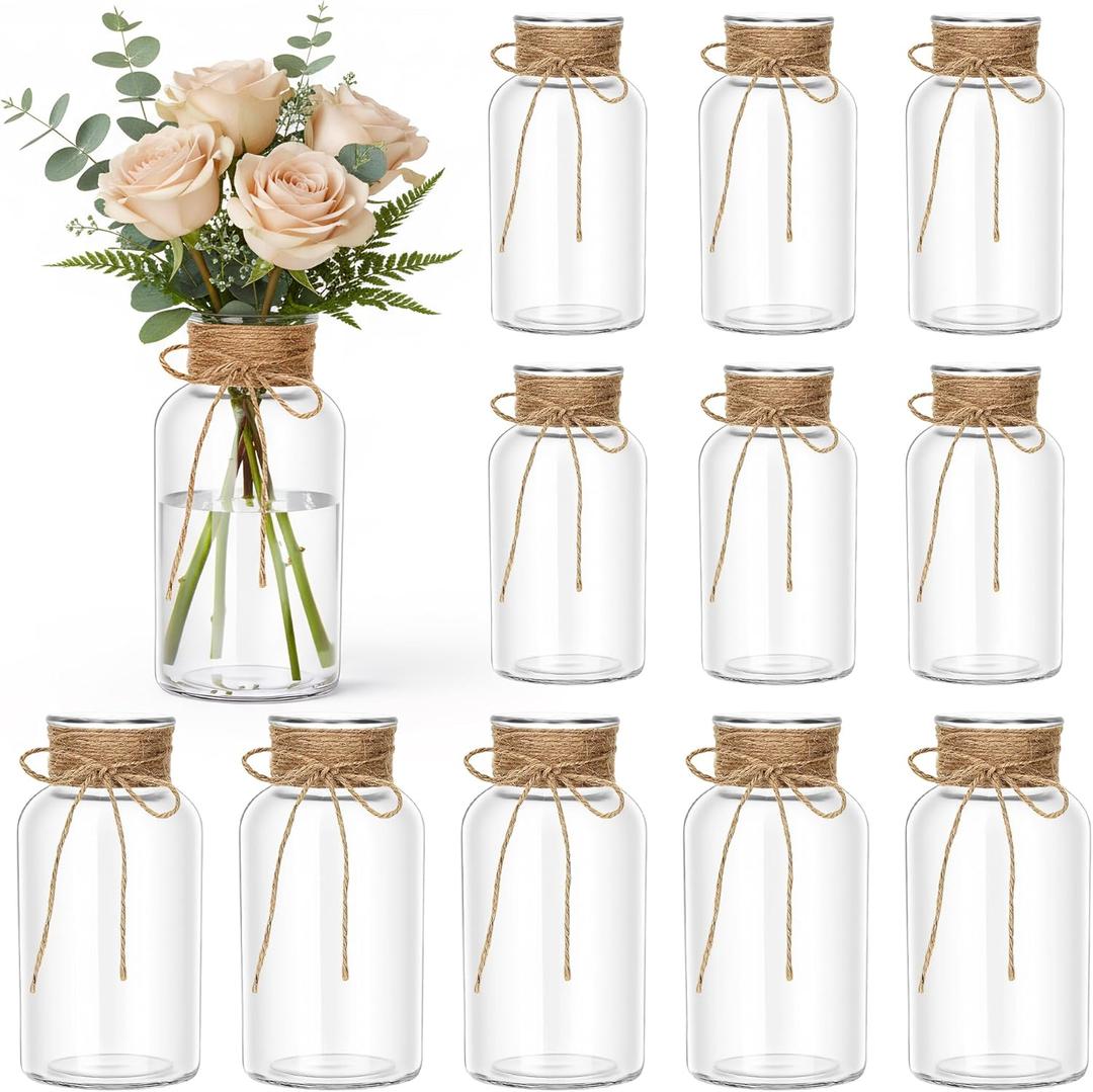 Mason Jars for Centerpiece, 12 Pack Vintage Farmhouse Glass Flower Vase Transparent White Vases Bulk for Weddings, Parties, Christmas & Home Decor