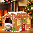 Christmas Cardboard Cat House with LED Light Scratching Pad Gingerbread Cat Playhouse Xmas Kitten Den 15.7"x 13.4"x12.6" Scratcher Box Scratching Board Bed Cave Playhouse for Indoor Cats