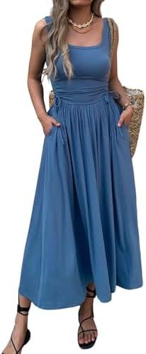 Mieazom Women’s Boho Summer Maxi Dress with Pockets, Adjustable Waist, Sleeveless Casual Ruched Sundress for Beach Vacation, S