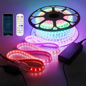 100FT Smart LED Light Strip RGB IC 1 Roll 24V Addressable Outdoor LED Strip Lights Waterproof Multi Color Chasing LED Lights with Remote APP Control Music Sync DIY Design for Bedroom 60 LEDs/M