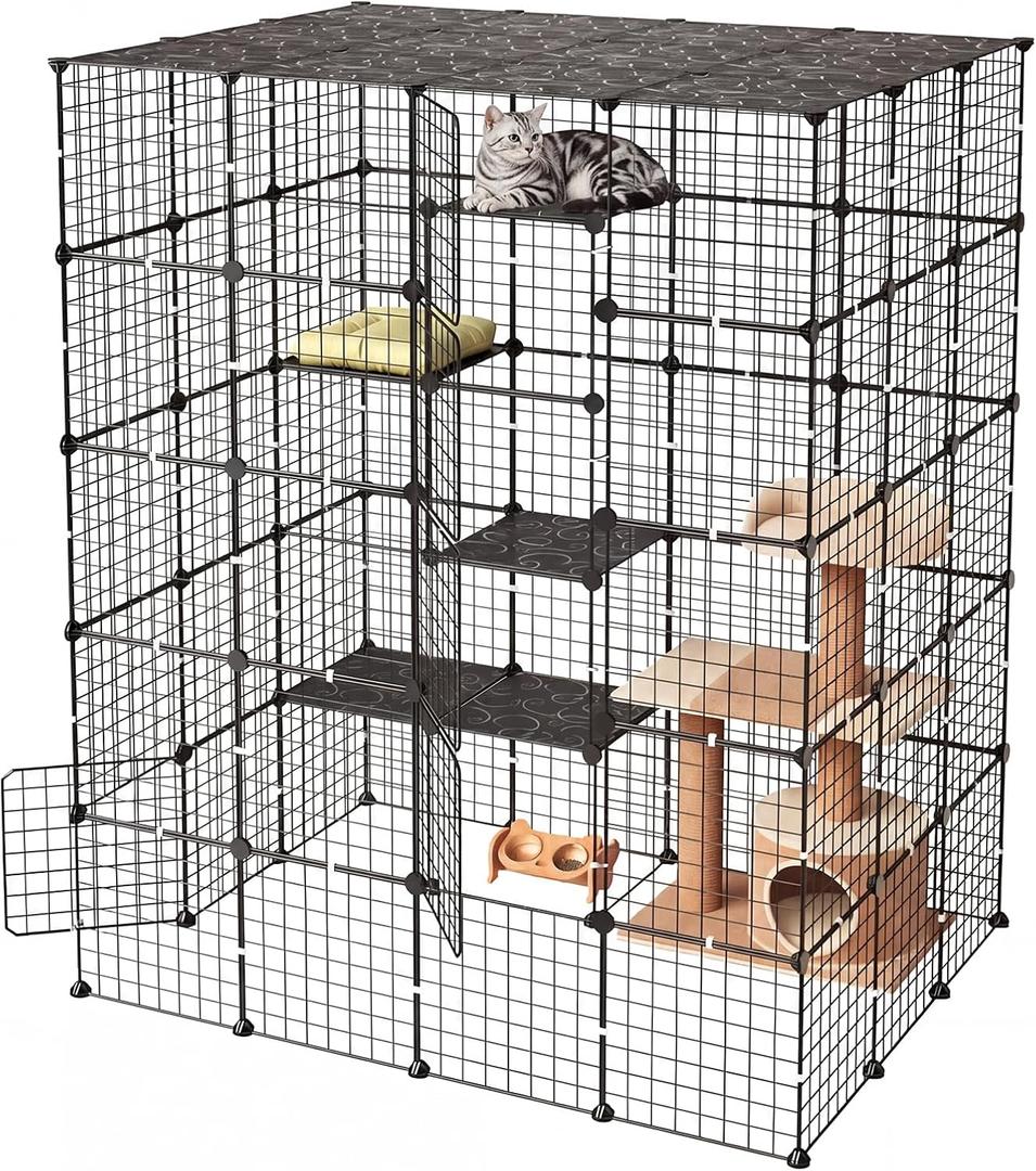 VEVOR Cat Cage 5-Tier 55"x40.98"x68.98" DIY Cat Playpen Indoor Enclosure, Detachable Metal Wire Kennel Crate with 5 Doors, Large Exercise Place Ideal for 2-3 Cats, Kittens and Small Animals, Black