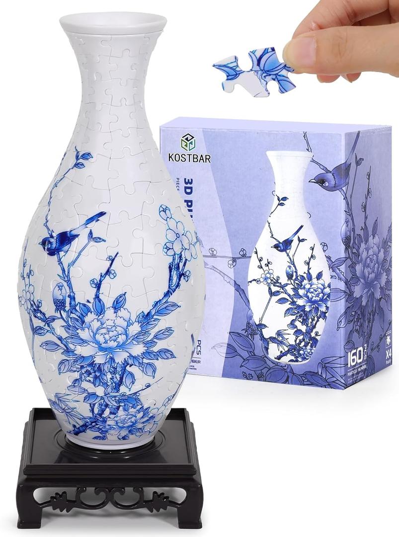 3D Puzzles for Adults, 160 Pieces 3D Puzzle Vase for Flowers, Unique Arts and Crafts for Adults, Unique Housewarning Gifts for Women & Men, Plastic Puzzle Vase for Home and Office Decor (Cyan Porcelain)