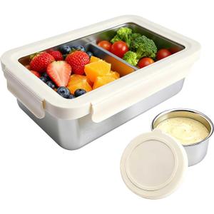 YINGRACE Stainless Steel Lunch Box Container for Adult, 42oz/1250ml Leak Proof Bento Box, Microwave-Safe with Removable Divider, Clear Airtight Lid Lunchbox for Work, Hike, Travel, Silver