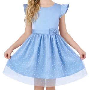 DIPUG Girls Tulle Dress, Casual Birthday Party Flower Girl Summer Dresses Polka Dot Bow & Flutter Sleeves, 5-12Y