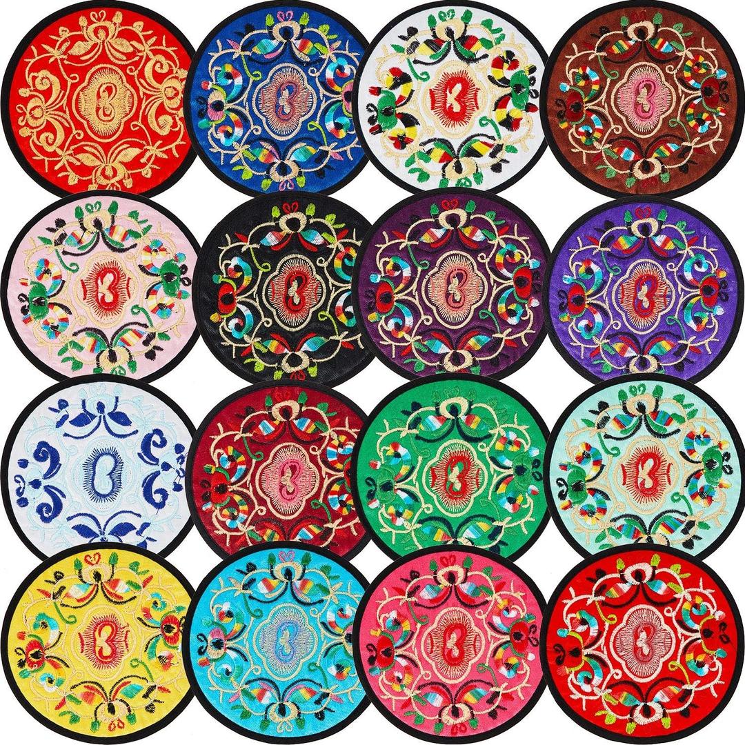 Boao 16 Pcs 16 Pcs Fabric Coasters for Drinks Absorbent, 5.12 Inch Cloth Coaster Boho Mexican Gifts Bar Coaster Round Vintage Ethnic Floral Teacup Mat Indian Home Decoration, Mixed Colors