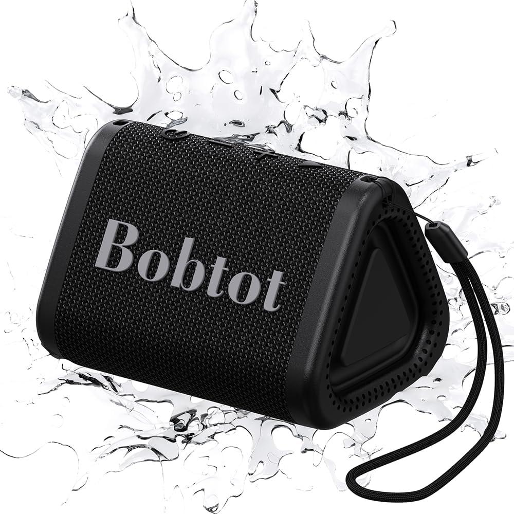 Bobtot Portable Bluetooth Speaker Wireless, IPX7 Small Shower Speaker Waterproof, 15H Playing Time, Loud and Stereo Sound with Bass, TWS Pairing for Party, Camping, Travel, Black