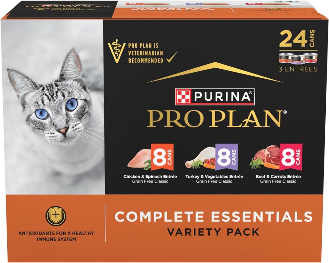 Purina Pro Plan Complete Essentials Chicken, Turkey and Beef Grain Free Wet Cat Food Variety Pack of 24, 3 oz. Cans