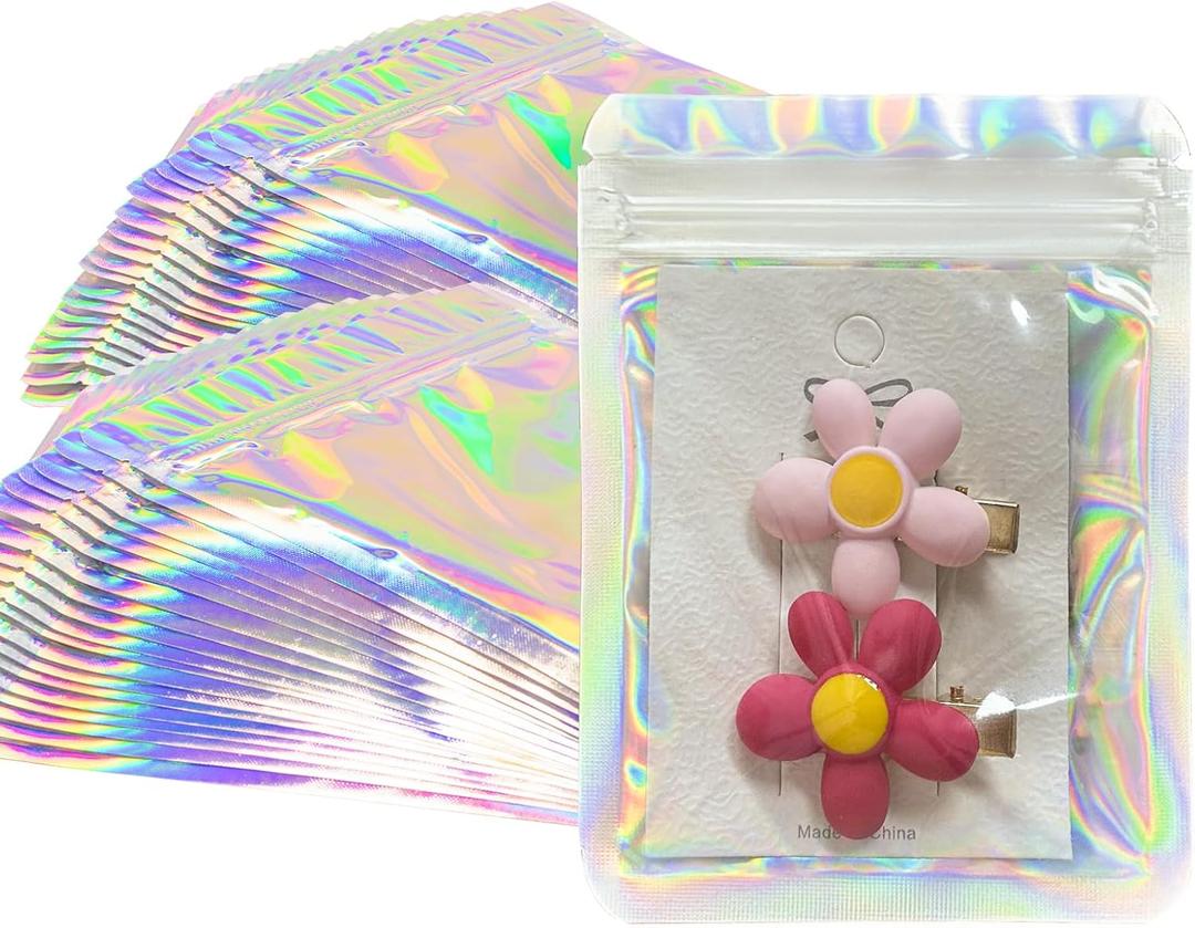 Holographic Bags & Resealable Foil Pouch Mylar Sample Bag Great for Party Favor Food Storage Smell Proof Bags, 100pcs 3.3x5.1