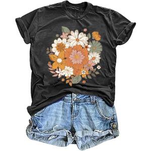 Women's Vintage Floral T Shirt Boho Wildflower Graphic Loose Tees Short Sleeve Casual Tops (Medium, A1-dark Grey 2)