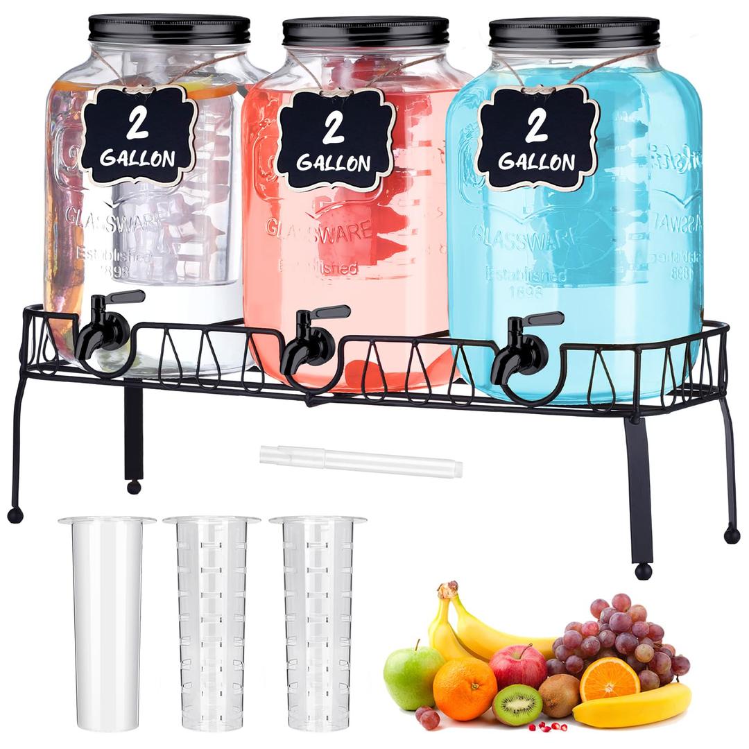 Lallisa 3 Pcs 2 Gallon Glass Drink Dispenser with Stand and Lid Mason Jar Beverage Dispenser with Stainless Steel Spigot, Hanging Chalkboard Signs, Fruit Infuse, Ice Cylinder, Liquid Pen (Black)