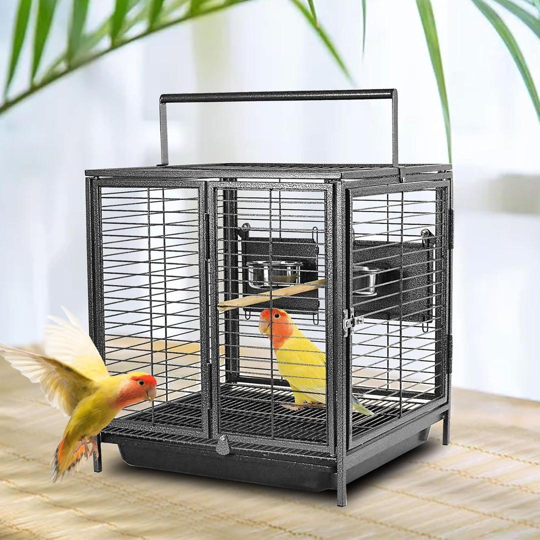 ZWanPing Portable Bird Travel Carrier Cage Black 19 Inch with Handle Wooden Perch, Parrot Travel cage Medium Birds for Cockatiels, Conures