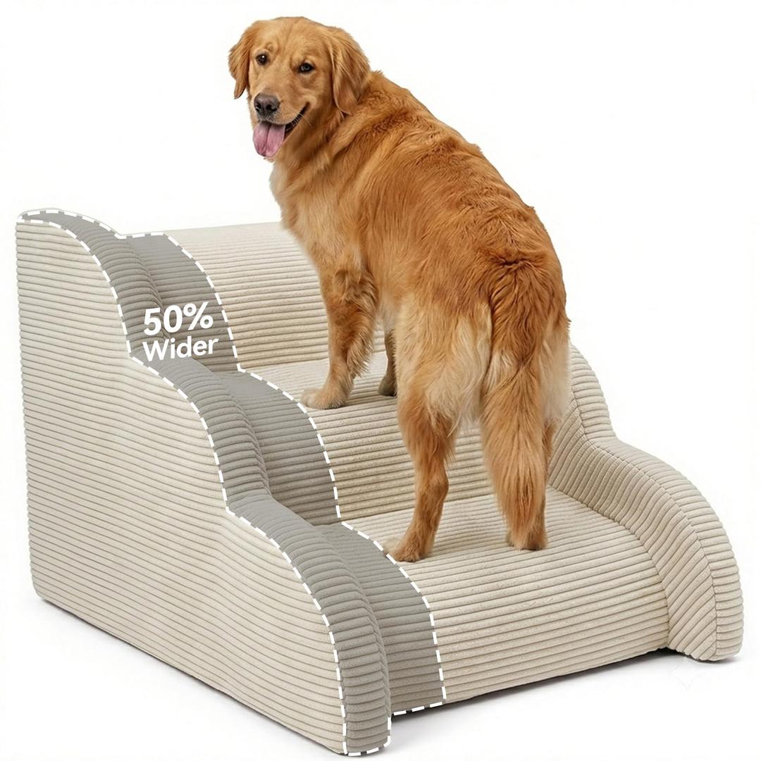Large Handrail Dog Stairs, Large Dog Steps for Dogs to Get On Bed & Couch 3-Step, Curved Foam, Soft Material, Washable Cover, for Large Medium Senior Small Dogs, Grey