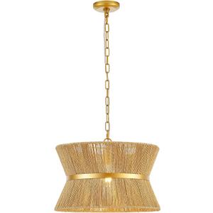 18 Hand Woven Rattan Boho Chandelier Brass Ajustable Pendant Light for Kitchen Island Living Room Bedroom Hallway, UL Listed
