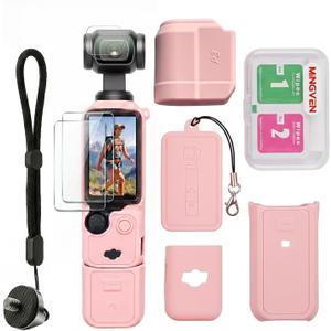 Osmo Pocket 3 Case, Protective Silicone Cover for DJI Pocket 3/Xtra Muse with Screen Protector & Wrist Strap, Soft, Scratch-Resistant and Sleeve Skin (Pink)
