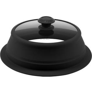 Collapsible Microwave Splatter Lid with Vented Tempered Glass Cover Wok Lid for Microwave Safe, Stockpot Steamer Pot Pan 10.5-11 inch Universal Multifunction Silicone Cover (Black)