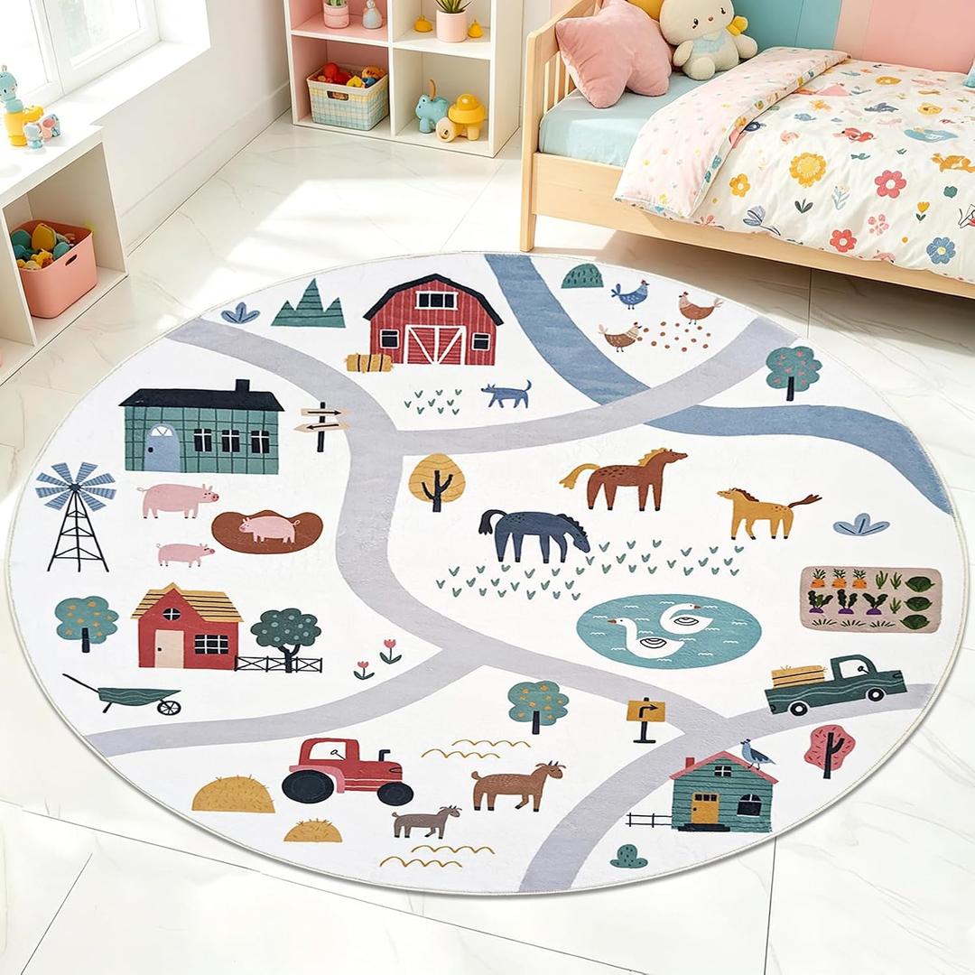 Kids 4Ft Round Farm Animal Rug for Boys Girls Bedroom Farmhouse
Circle Car Road Map Carpet for Children Room Playroom Classroom Living Room, Soft Washable Nonslip, Indoor Decor, White