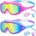 Vvinca Swim Goggles, Kids Goggles with Earplugs& Nose Clip Wide View Anti-Fog/UV Swimming Goggles for Age 3-15 Boys Girls (02-pink Purple)