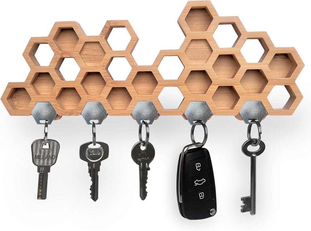 Decorative Honeycomb Magnetic Key Holder for Wall - Heavy Duty Organizer, Multi Hanger, Wood Rack, Modern Mount (Brown)