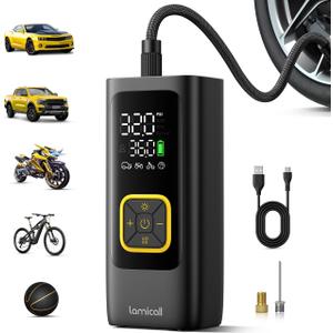 Tire Inflator Portable Air Compressor - Lamicall [4X Faster][150 PSI] Car Bike Air Pump with Rechargeable Battery, Pressure Gauge Display, LED Light, Cordless Pump for Cars, Motorcycle, Bike, Ball