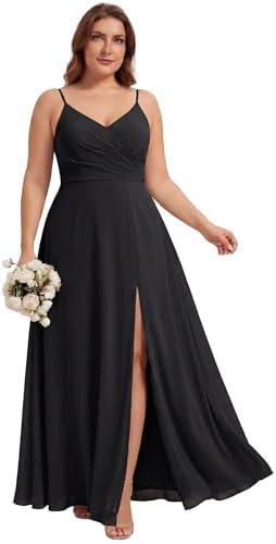 Ever-Pretty Plus Women's V-Neck Sleeveless Plus Size Bridesmaid Dress Chiffon A-Line Backless Spaghetti Slit Formal Dresses, Size XL, Black