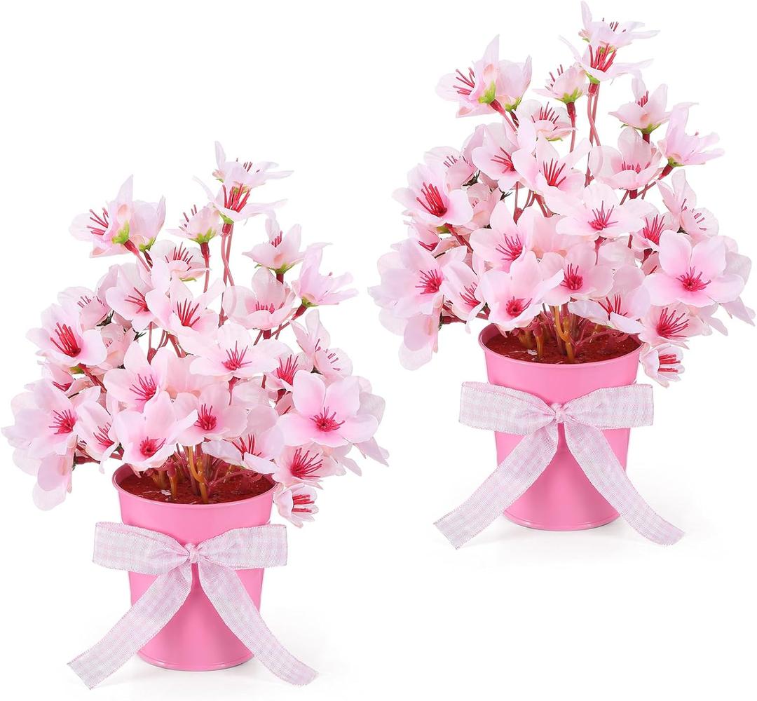 Suncalla 2 Pack Small Artificial Cherry Blossom Plant in Pots Faux Flower Potted Plants Pink Arrangement Rustic Home Decor 7.9" Tall for Sakura Japanese Table Centerpiece Windowsill Indoor Decor