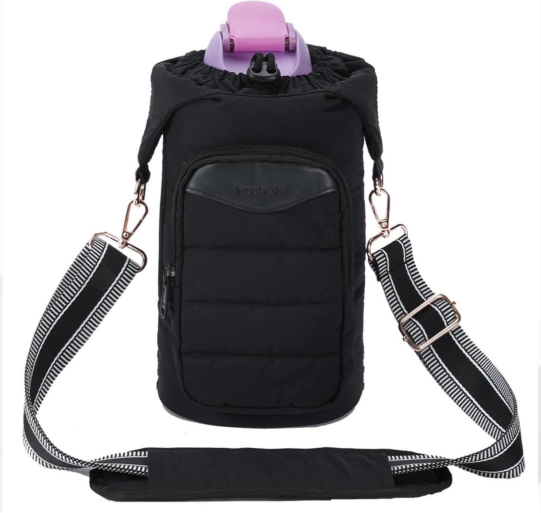sportsnew Water Bottle Holder for 30oz/40oz Tumbler with Handle, Puffy Water Bottle Carrier Bag with Phone & RFID-Blocking Card Pocket & Drawstring Closure for Quick Access, Patent Pending