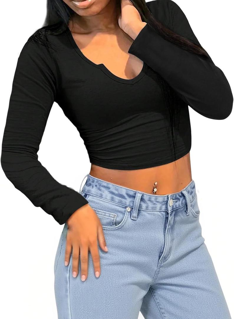 LovelyWholesale Long Sleeve Crop Tops for Women Sexy V Neck Cropped T Shirts Black Large (Black, L)